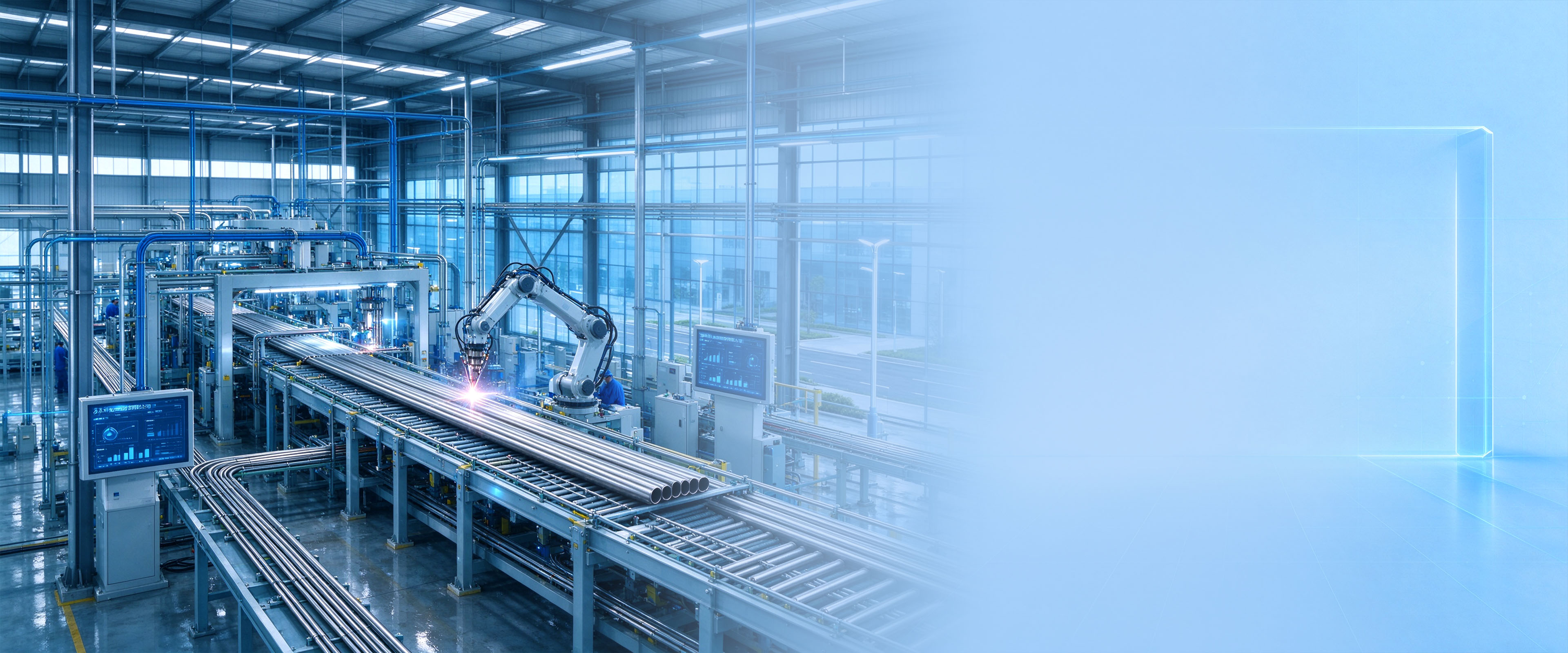 Customer-provided composite banner: a bright industrial hall with steel pipes on a roller conveyor and a robotic arm, fading to pale blue on the right