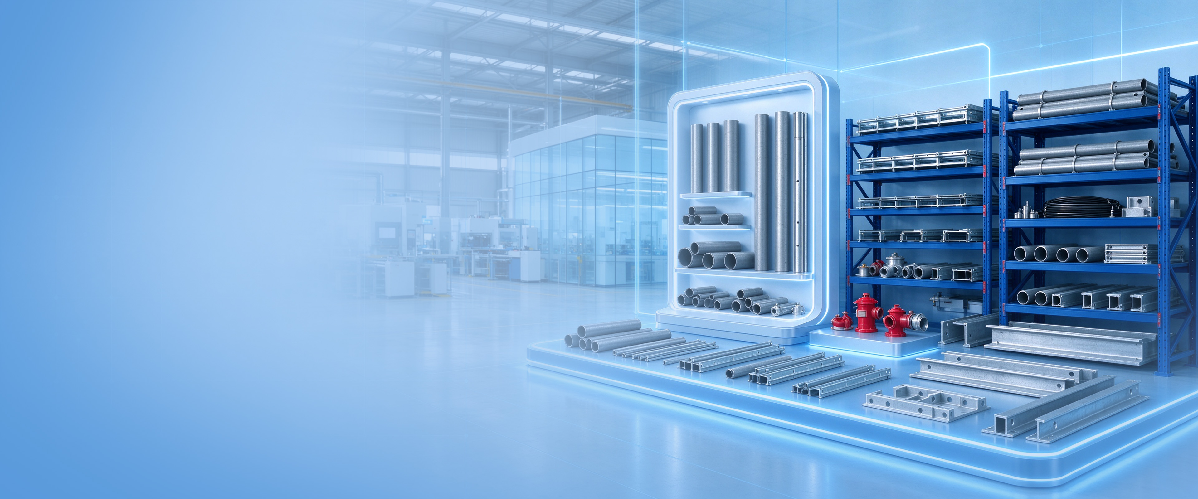 Customer-provided composite banner: pipes, steel sections, red fire hydrant fittings and blue storage racks arranged on a display platform
